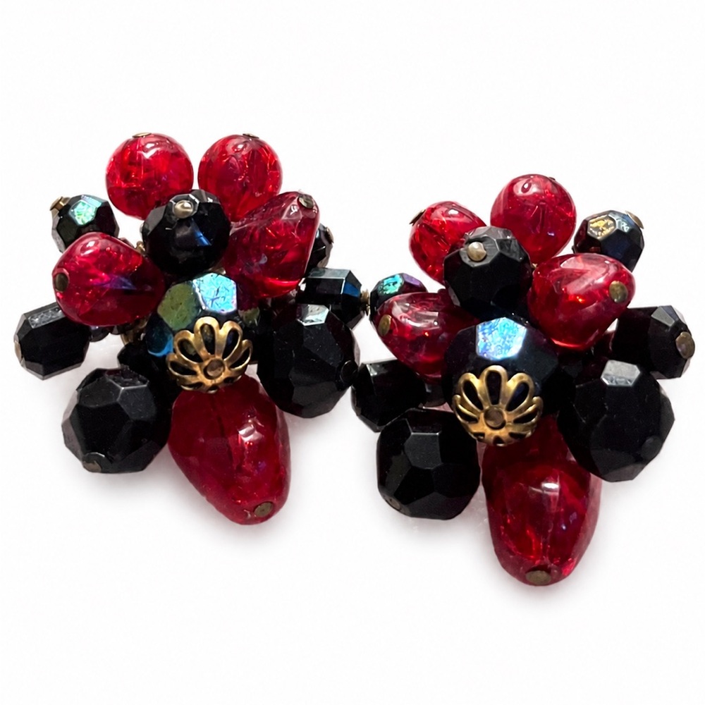 Vintage West Germany Red & Black Beaded Cluster Clip-On Earrings